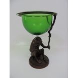 Spelter Monkey Candle Holder with Green Glass Bowl - 25cm High