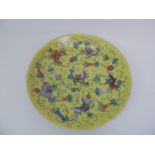 Chinese Charger - Hand Painted Butterflies on Yellow Ground - Repair to Rim - 34cm Diameter