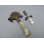 2x Silver Babies Rattles with Mother of Pearl Handles