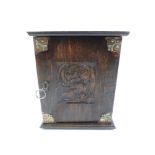 Small Oak Cabinet with Carved Door and Shelved Interior - 36cm High x 29cm Wide x 17cm Deep