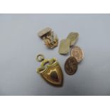 9ct Gold - 3x Cuff Links and a Shield Pendant - 11.8gms