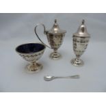 Three Piece Silver Cruet Set with Blue Glass Liners - Garrard & Co Ltd Birmingham 1978 - Silver