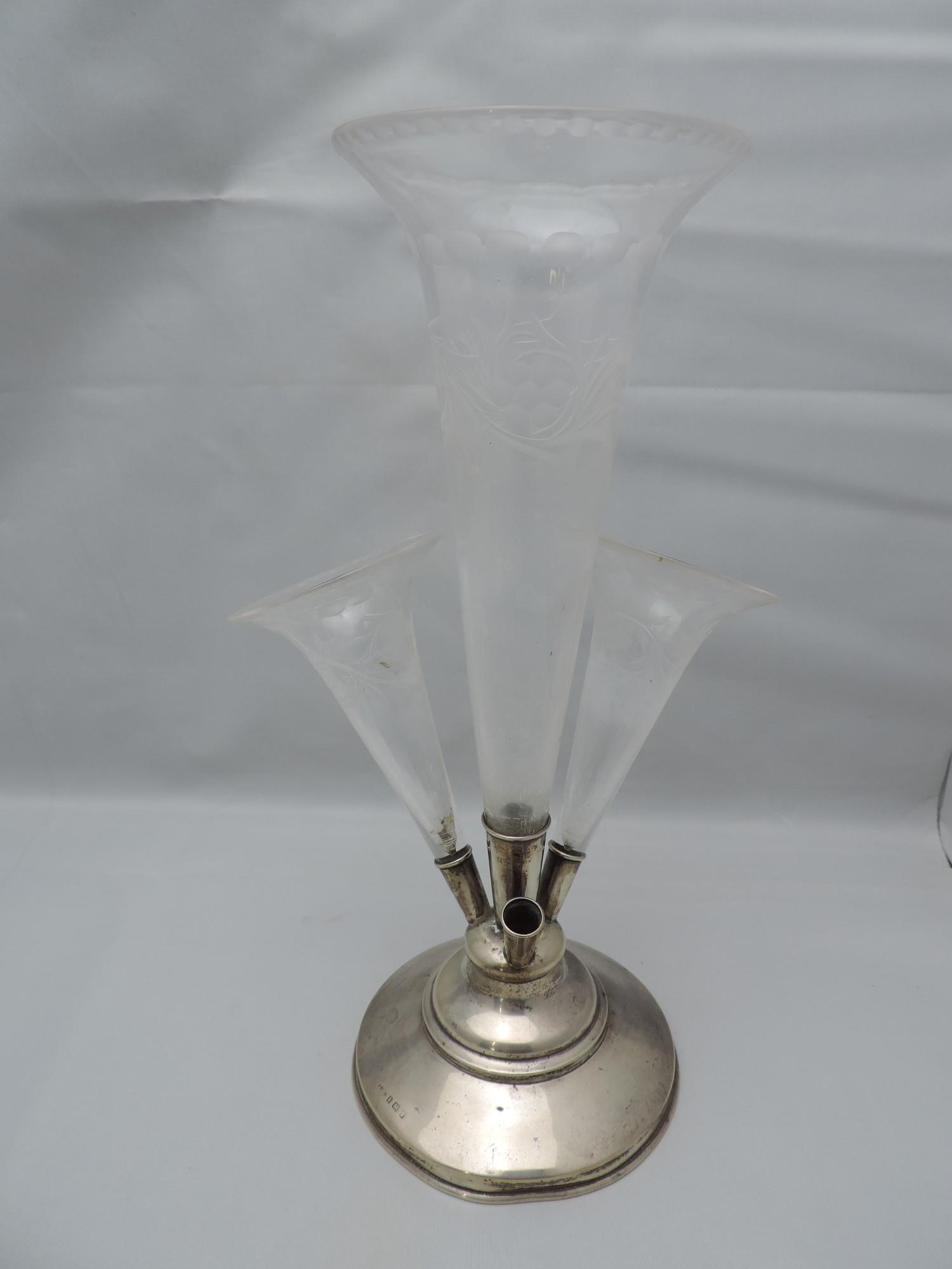 Silver Epergne with Etched Glass Trumpets - One Absent - 26cm High