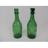 Pair of Green Etched Glass Bottles - One with Stopper 29cm