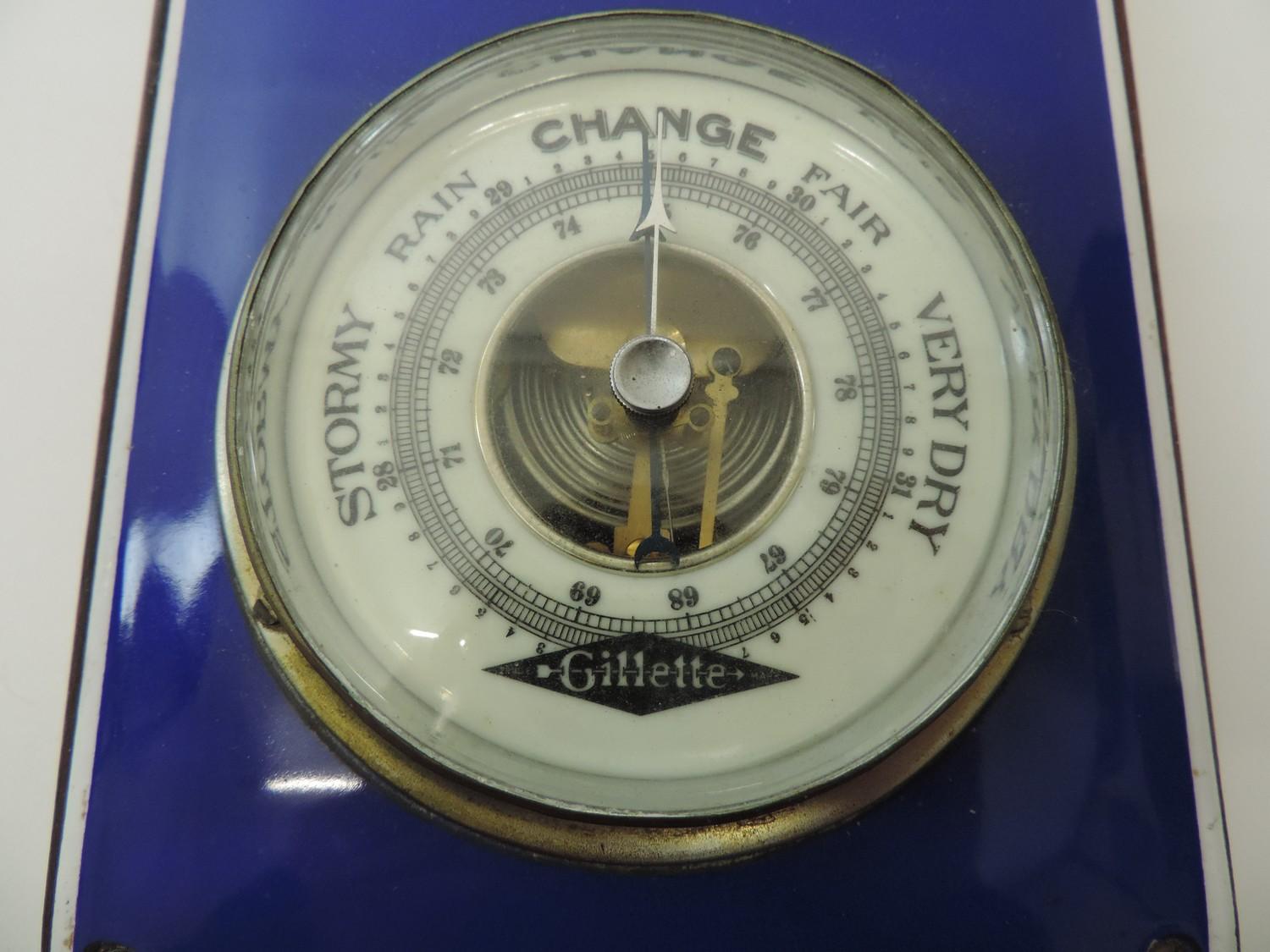 Enamel Sign Thermometer/Barometer Blue Gillette Blades - Originally from a Barber's Shop - 64cm x - Image 4 of 6