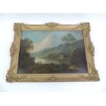 Framed Oil on Canvas - Valley Scene with Couple Fishing in the Foreground - Considered by the