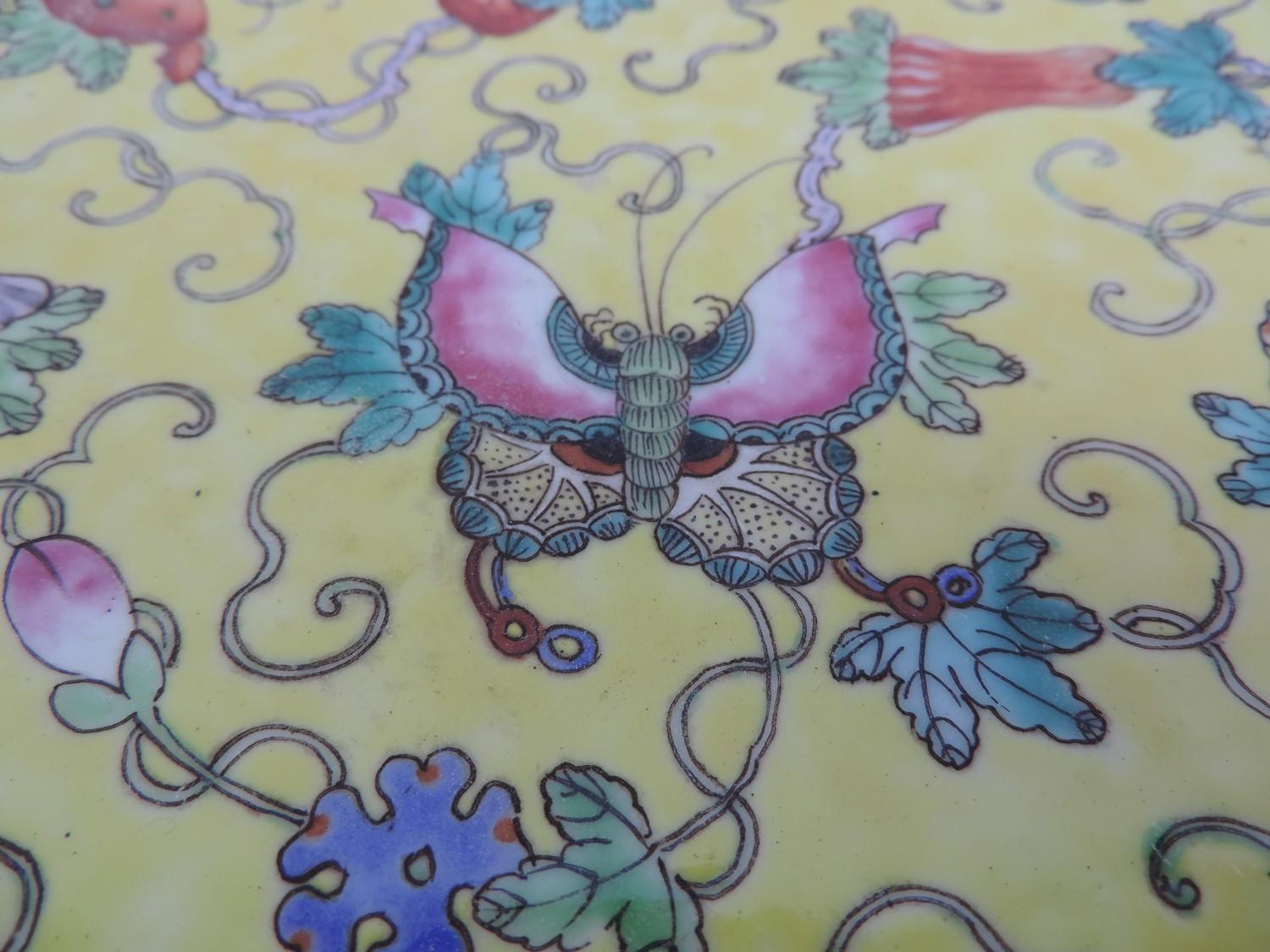 Chinese Charger - Hand Painted Butterflies on Yellow Ground - Repair to Rim - 34cm Diameter - Image 4 of 5