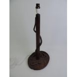 Treen Table Lamp with Carved Snakes and Lizard - 56cm High