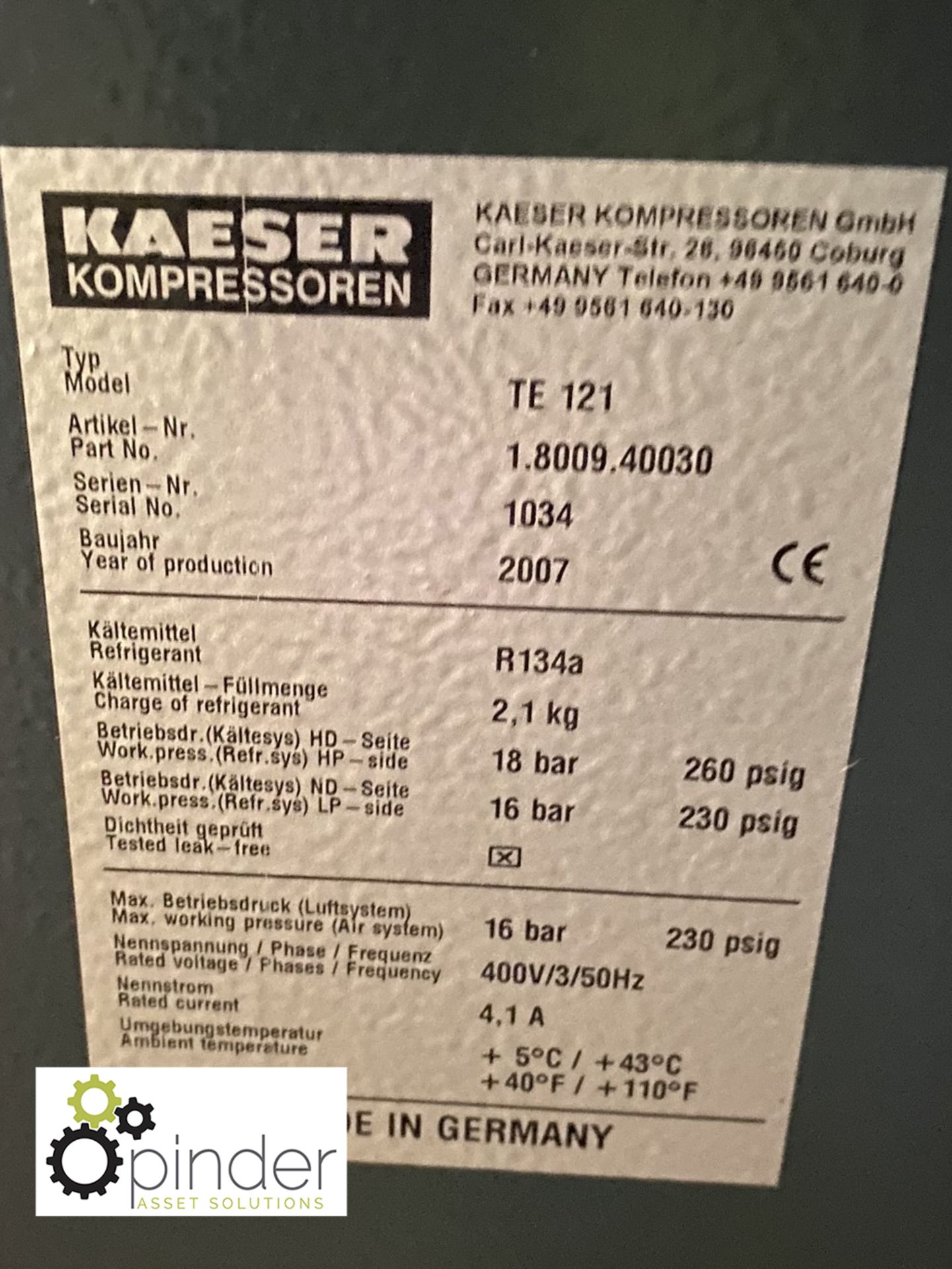 Kaeser TE121 Refrigerant Dryer, 16bar MWP, year 20 - Image 3 of 3