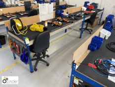 2 boltless adjustable Workbenches, with chipboard shelf, rubber matting and twin power sockets