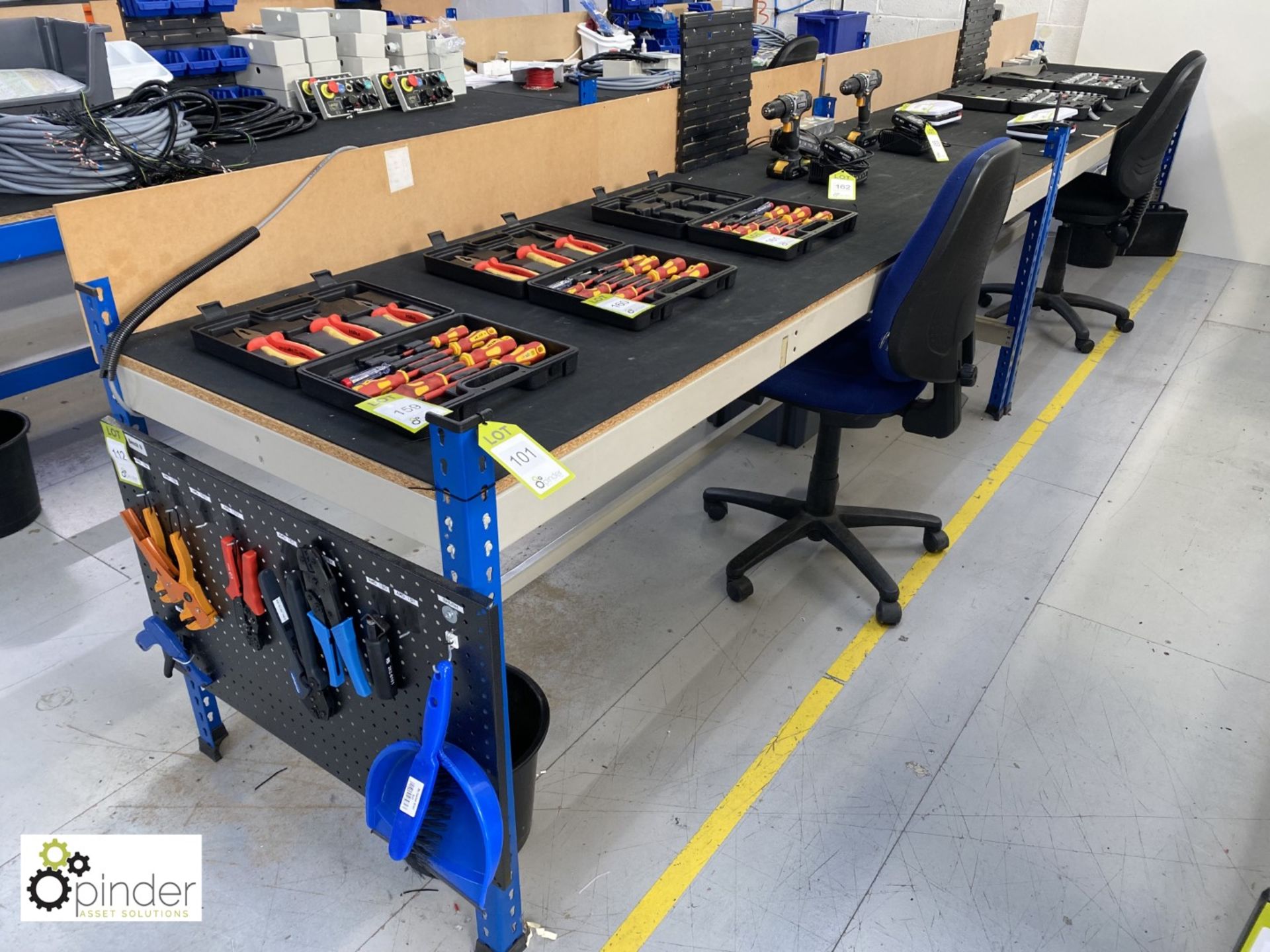 2 boltless adjustable Workbenches, with chipboard shelf, rubber matting and twin power sockets