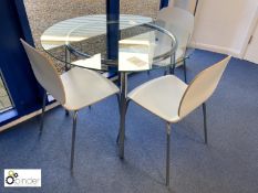 Tubular framed glass topped circular Breakout Table, 1050mm diameter with 3 tubular framed chairs