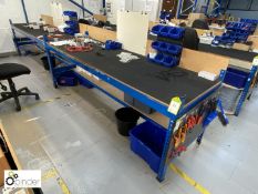 2 boltless adjustable Workbenches, with chipboard shelf, rubber matting and twin power sockets