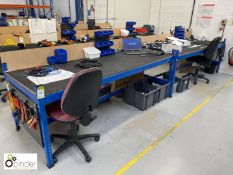 2 boltless adjustable Workbenches, with chipboard shelf, rubber matting and twin power sockets