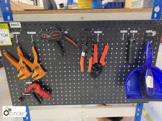 Quantity various hand Crimping Tools, including steel wall rack