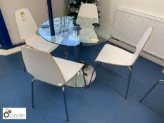 Chrome base glass topped circular Breakout Table, 900mm diameter, with set 4 tubular framed chairs