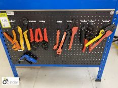 Quantity various hand Crimping Tools, including steel wall rack