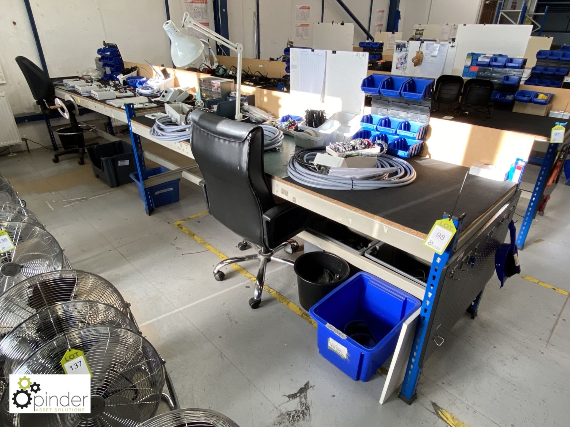 2 boltless adjustable Workbenches, with chipboard shelf, rubber matting and twin power sockets