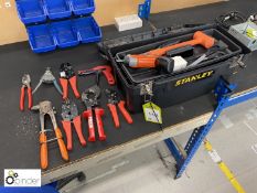 9 various Crimping Tools, Shears, Riveters and Stanley Toolbox