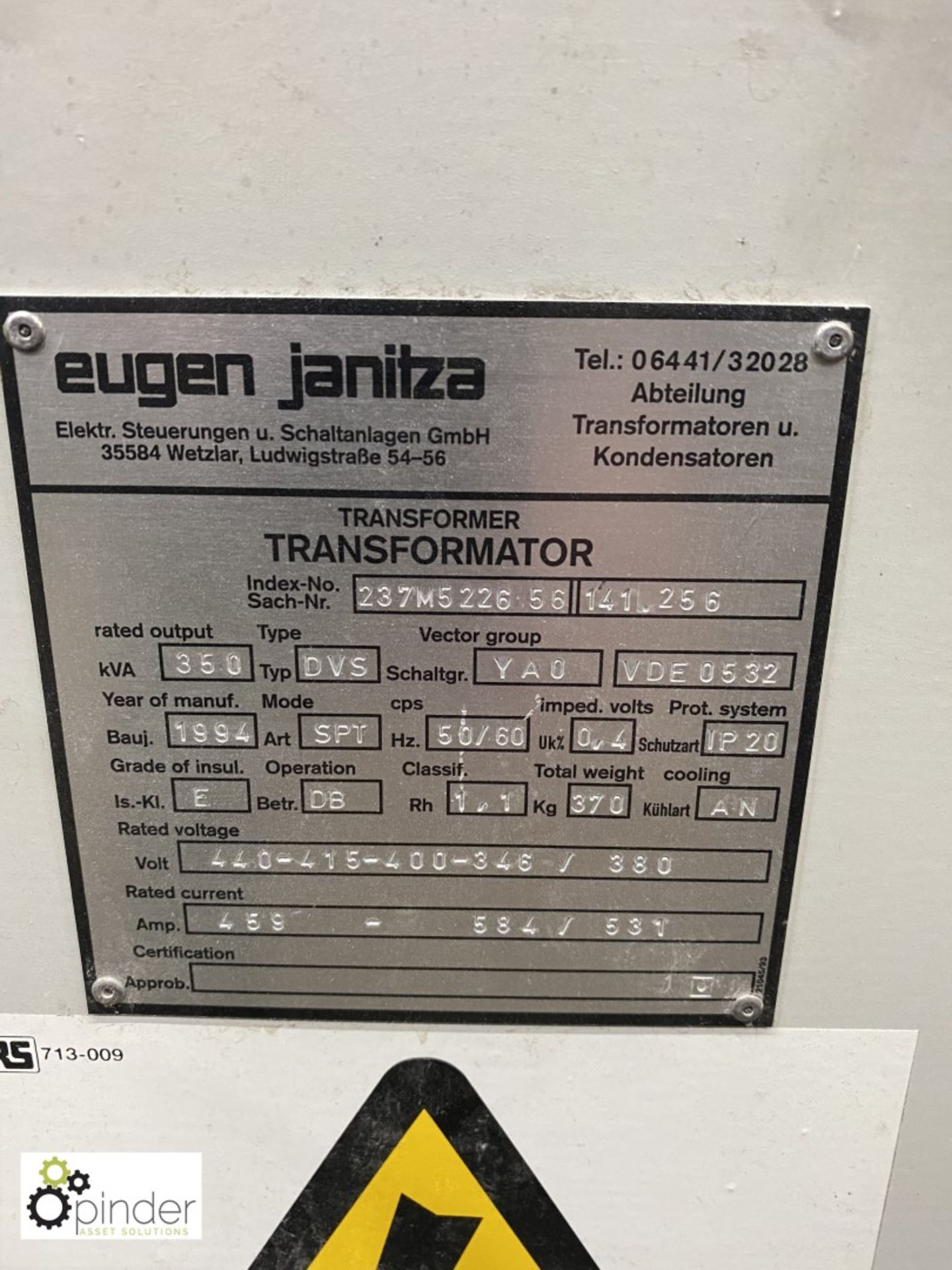 Eugen Janitza Transformer, 350kva, type DVS, volts 440-415-400-346/380 - Image 2 of 4