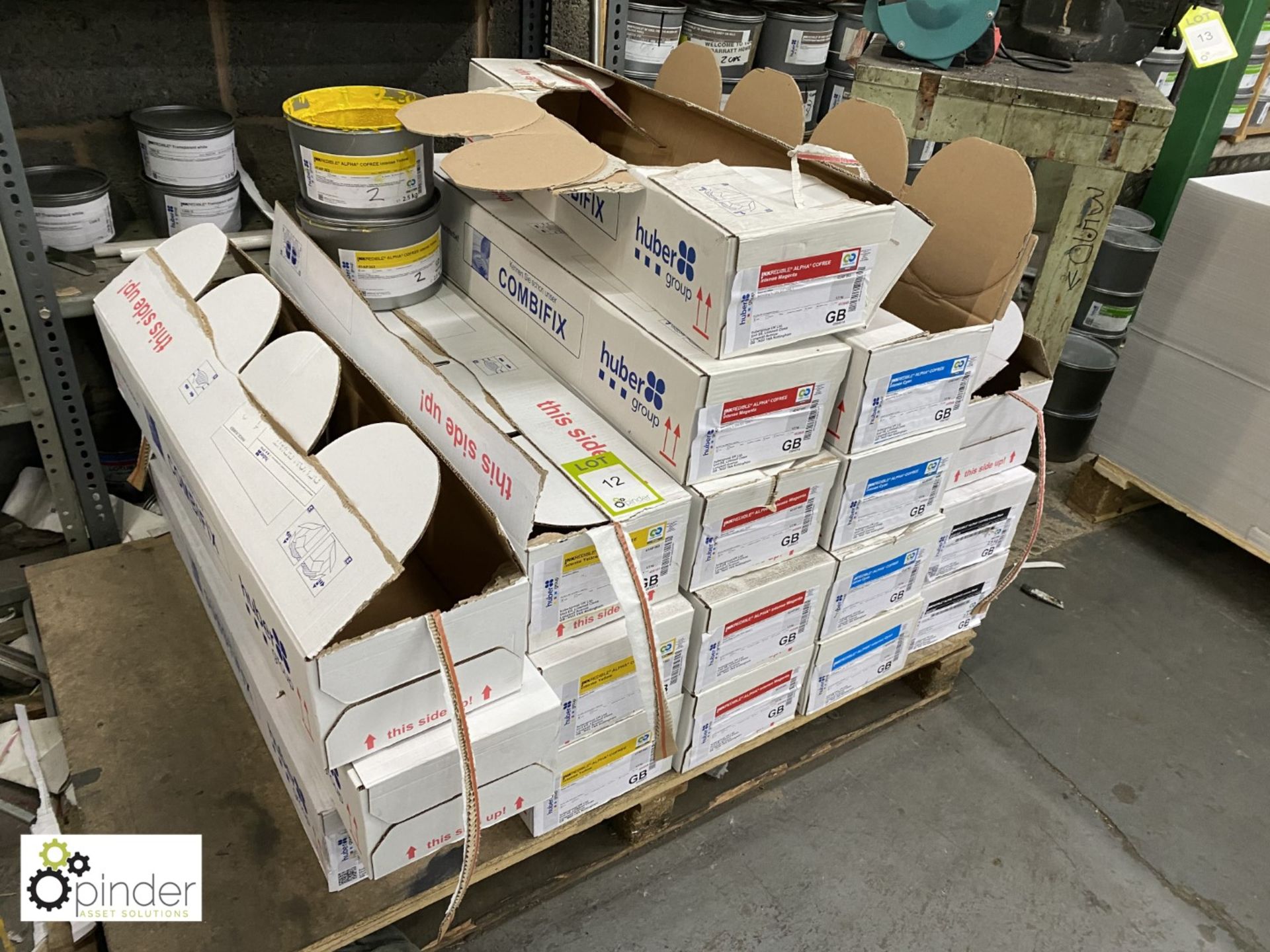 13 full boxes and 2 part boxes Huber Printing Inks, black, blue, red, yellow, 4 x 2.5kg tins per - Image 2 of 10