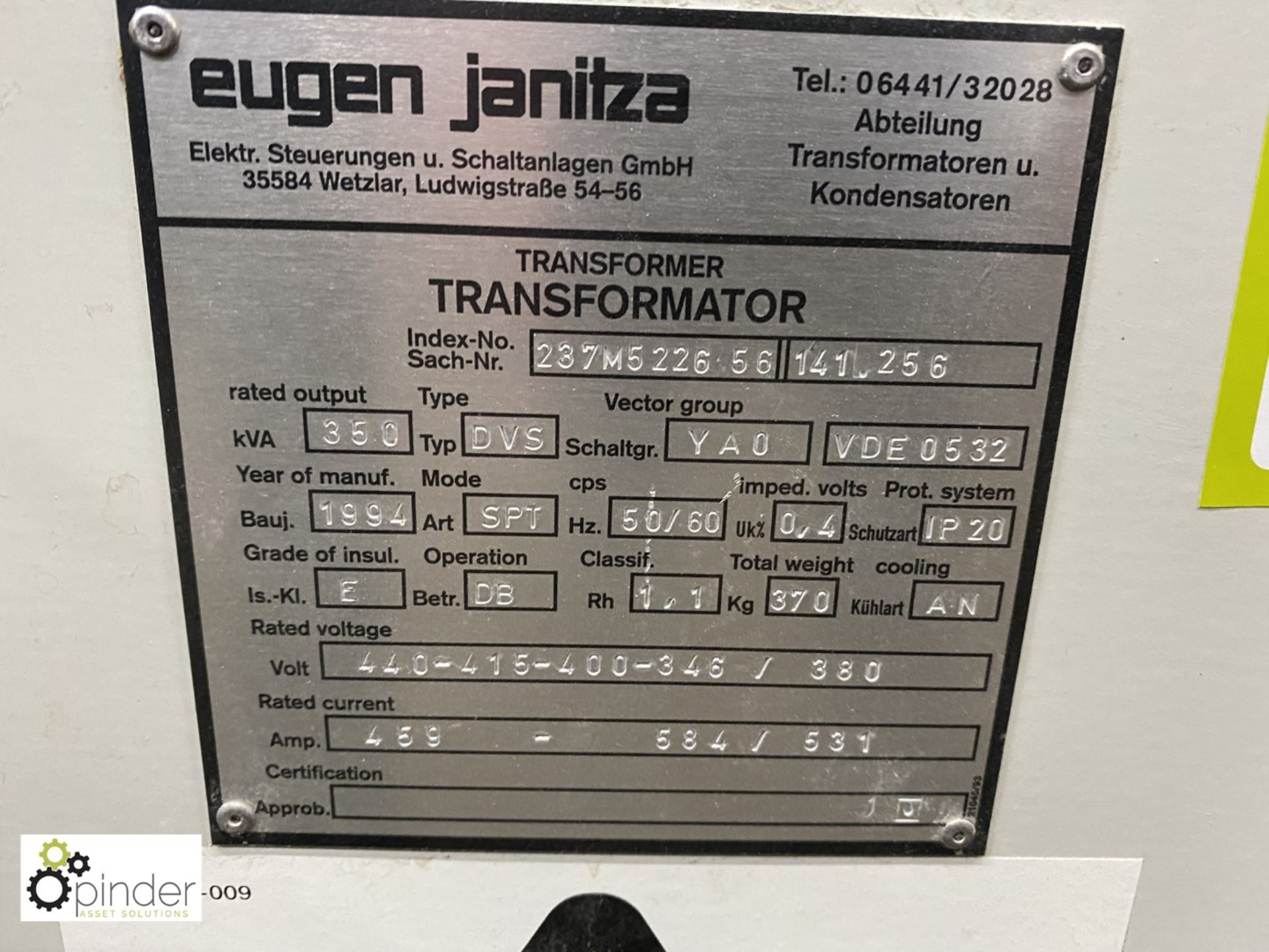 Eugen Janitza Transformer, 350kva, type DVS, volts 440-415-400-346/380 - Image 4 of 4