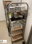 Tubular framed 10-tray Trolley and Contents including cups, saucers, glassware (located in Kitchen