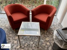 2 upholstered Tub Chairs, orange and frosted top Coffee Table (located in Breakout Area on first