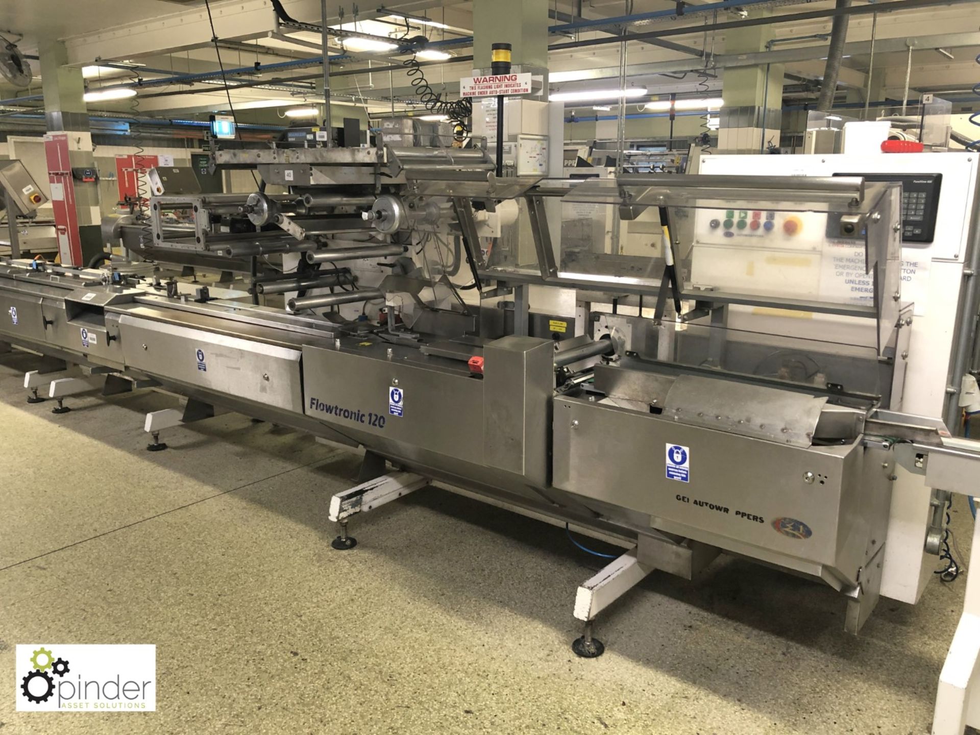 GEI Autowrappers Flowtronic 120 Flow Wrapper, year 2003, with crimping head 160mm width, AB