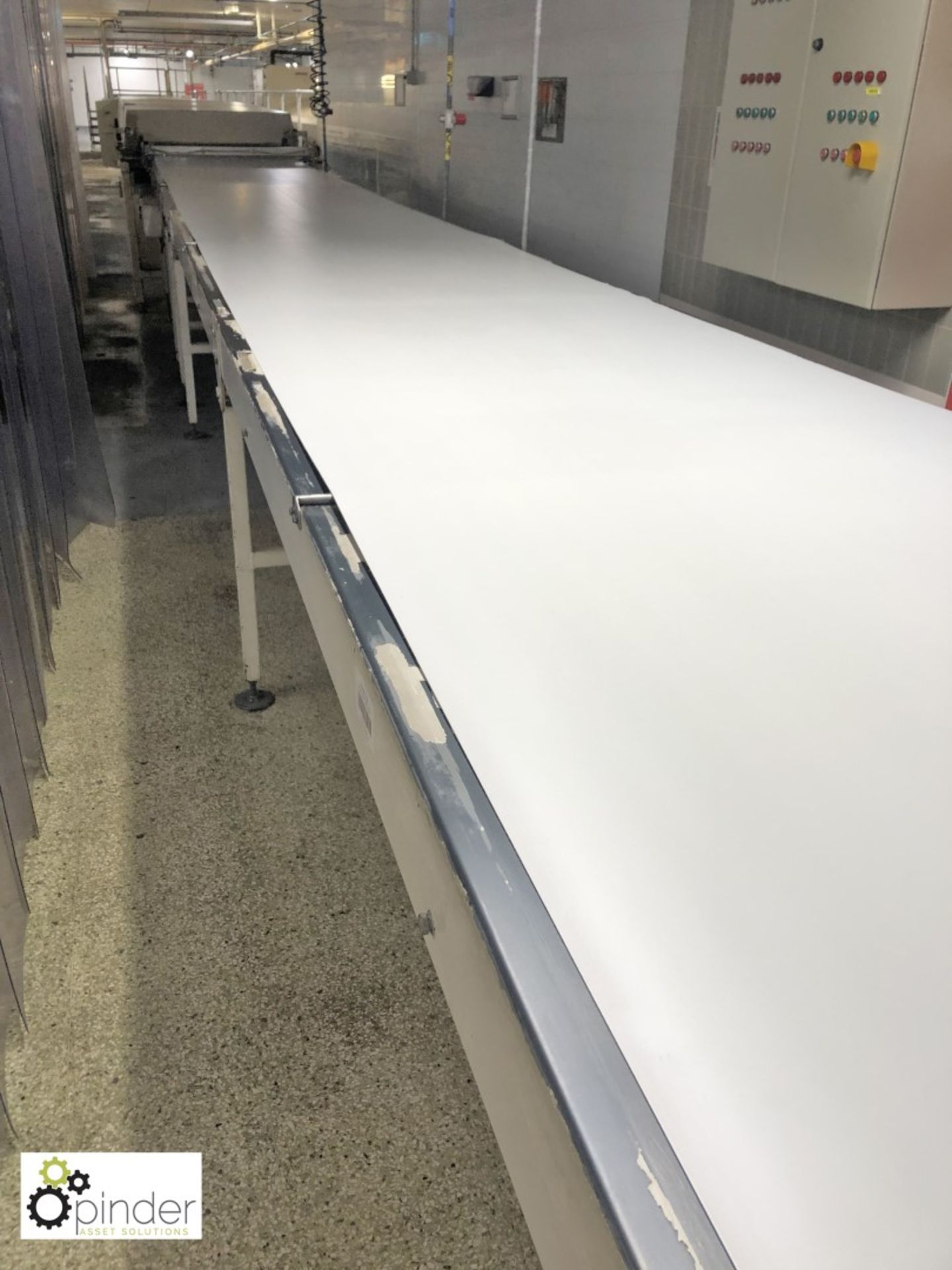 Stainless steel Belt Conveyor, 10.8m x 1020mm belt width, with cereal bar stop/align unit (please