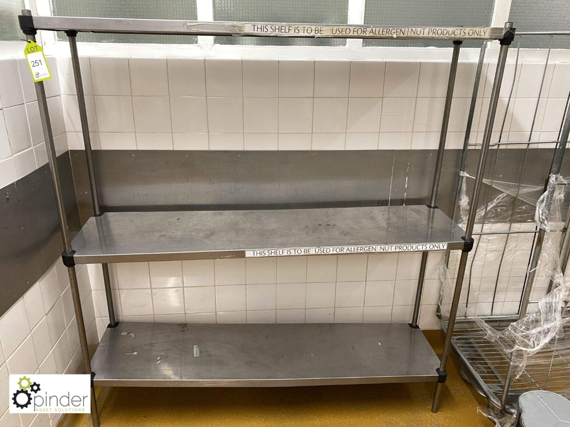 Stainless steel 3-shelf Rack, 1570mm x 400mm, and damaged 2-shelf Rack (located in Rear Storage