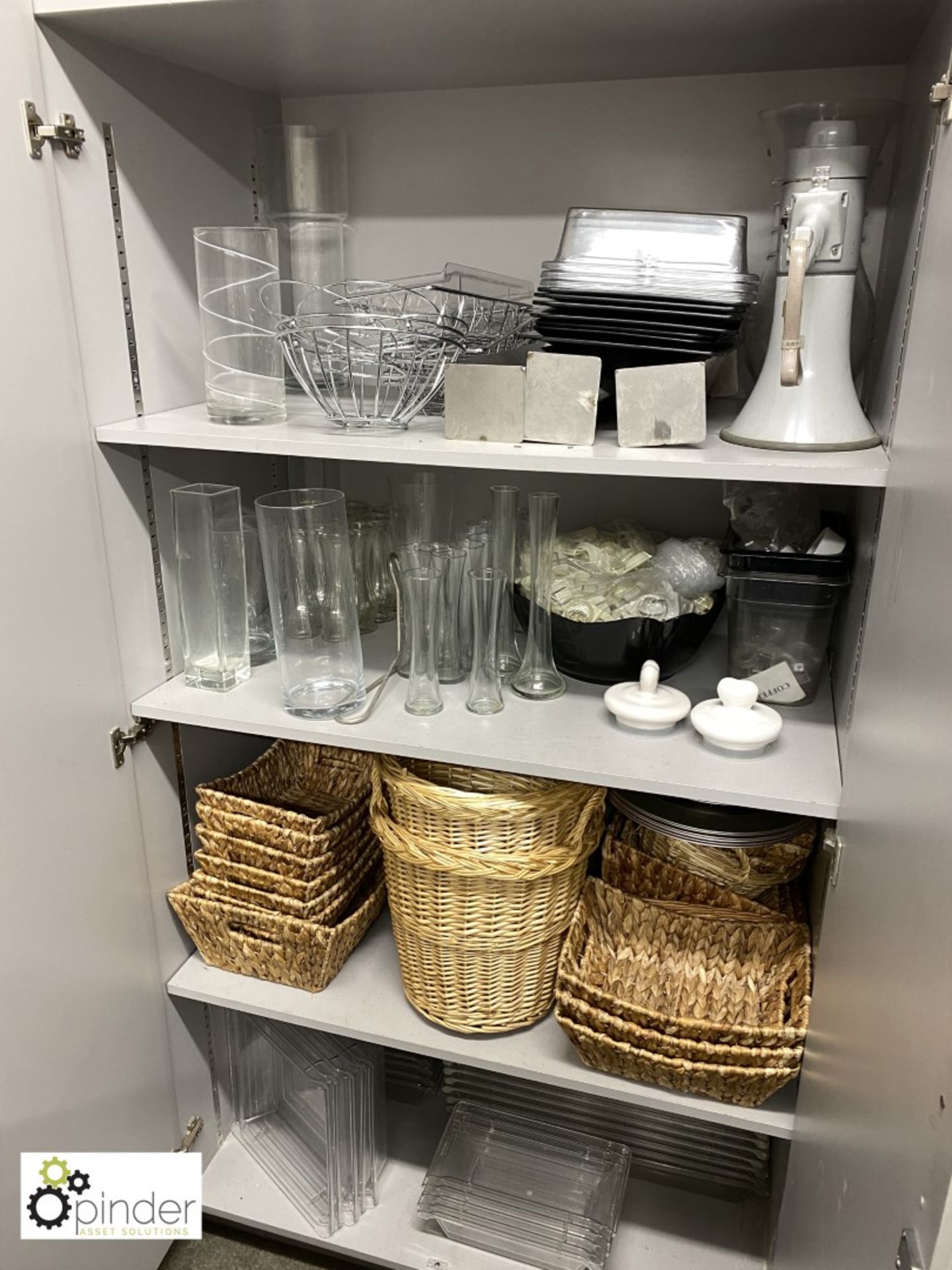 Quantity Wicker Baskets, Bowls, Vases, Plastic Trays, Megaphone, etc, to cabinet (located in Store