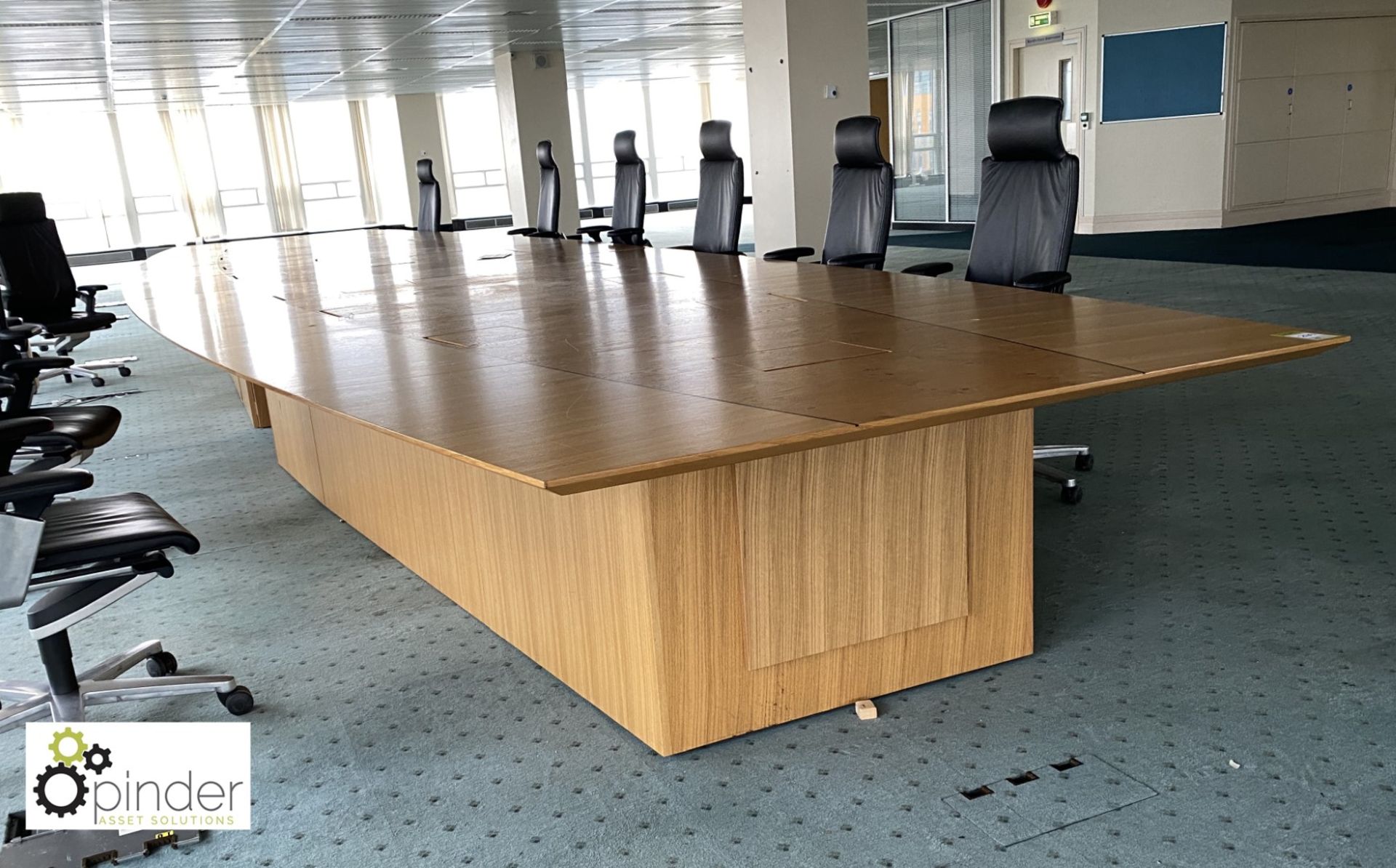 Oak and walnut boat shaped Boardroom Table, 16 comms/power ports, 10m x 2520mm (located in 24th - Image 9 of 17