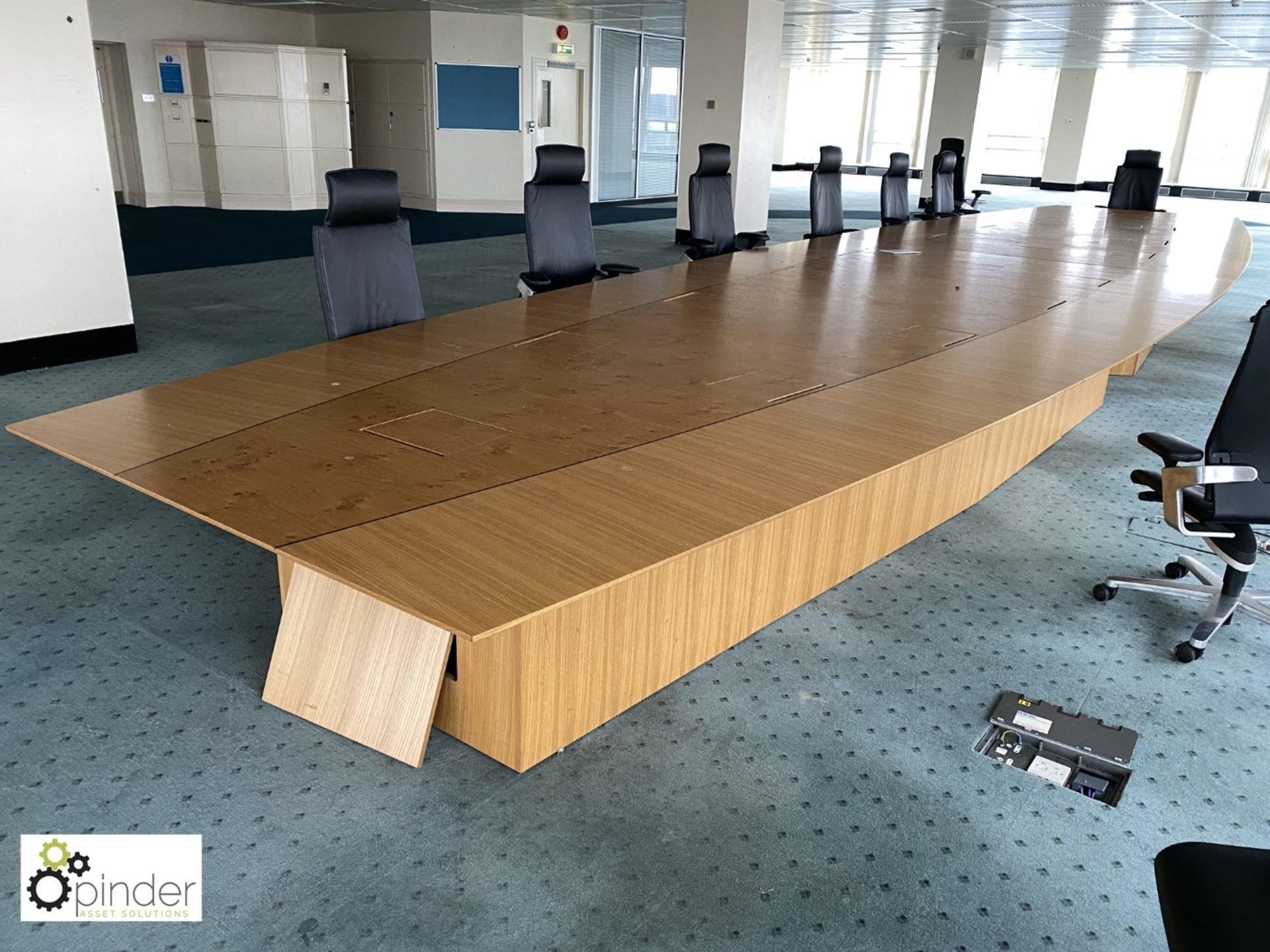 Oak and walnut boat shaped Boardroom Table, 16 comms/power ports, 10m x 2520mm (located in 24th - Image 2 of 17