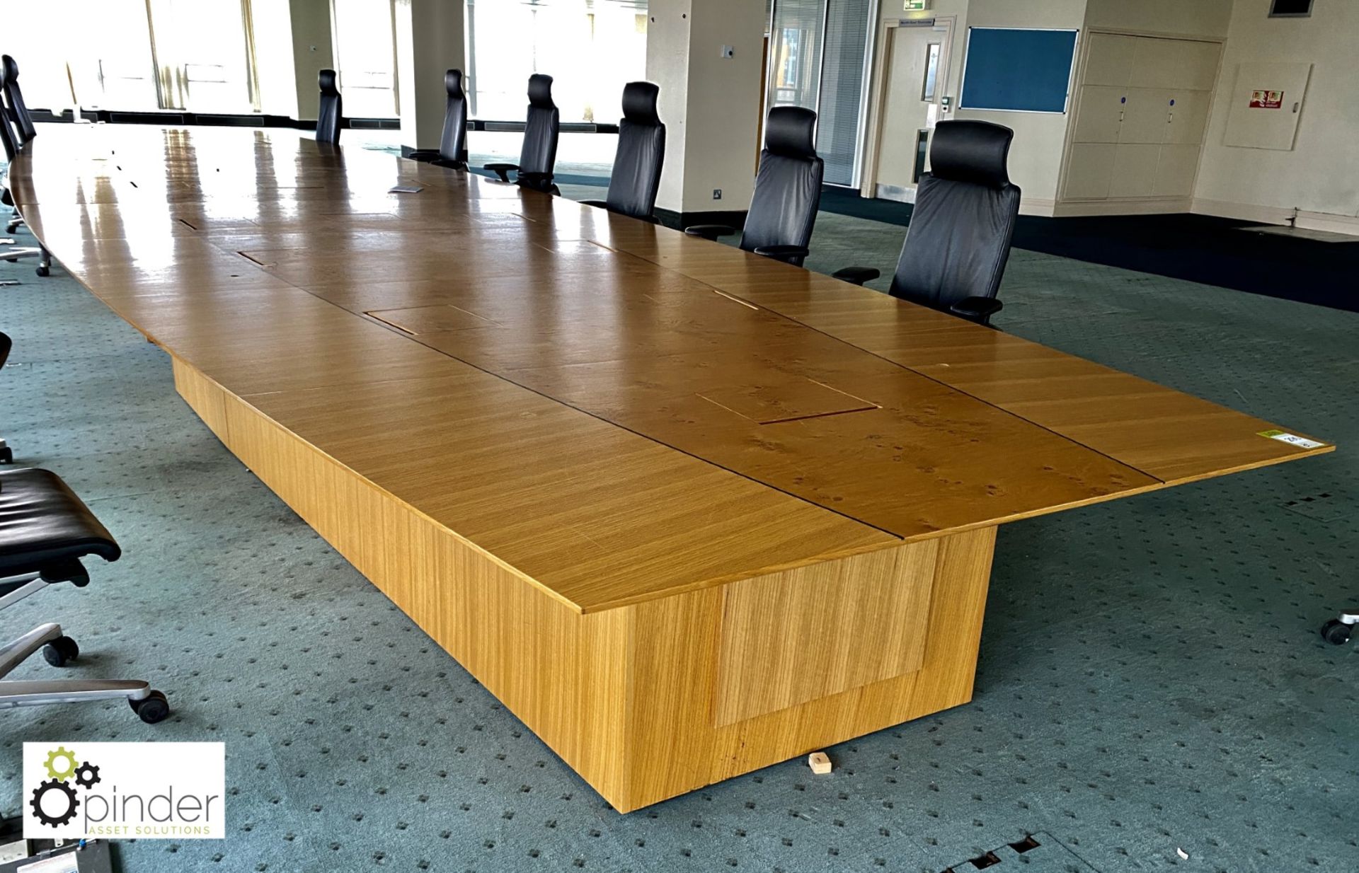 Oak and walnut boat shaped Boardroom Table, 16 comms/power ports, 10m x 2520mm (located in 24th