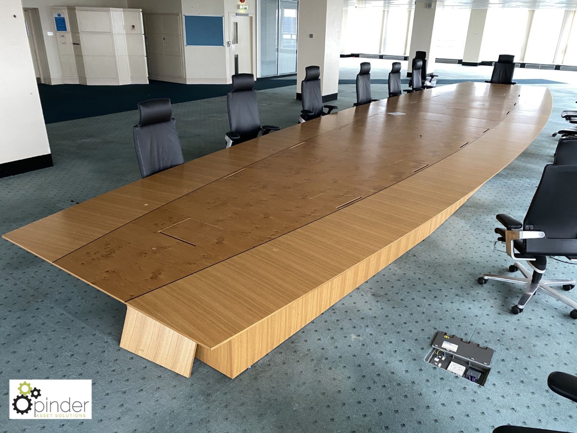 Oak and walnut boat shaped Boardroom Table, 16 comms/power ports, 10m x 2520mm (located in 24th - Image 3 of 17