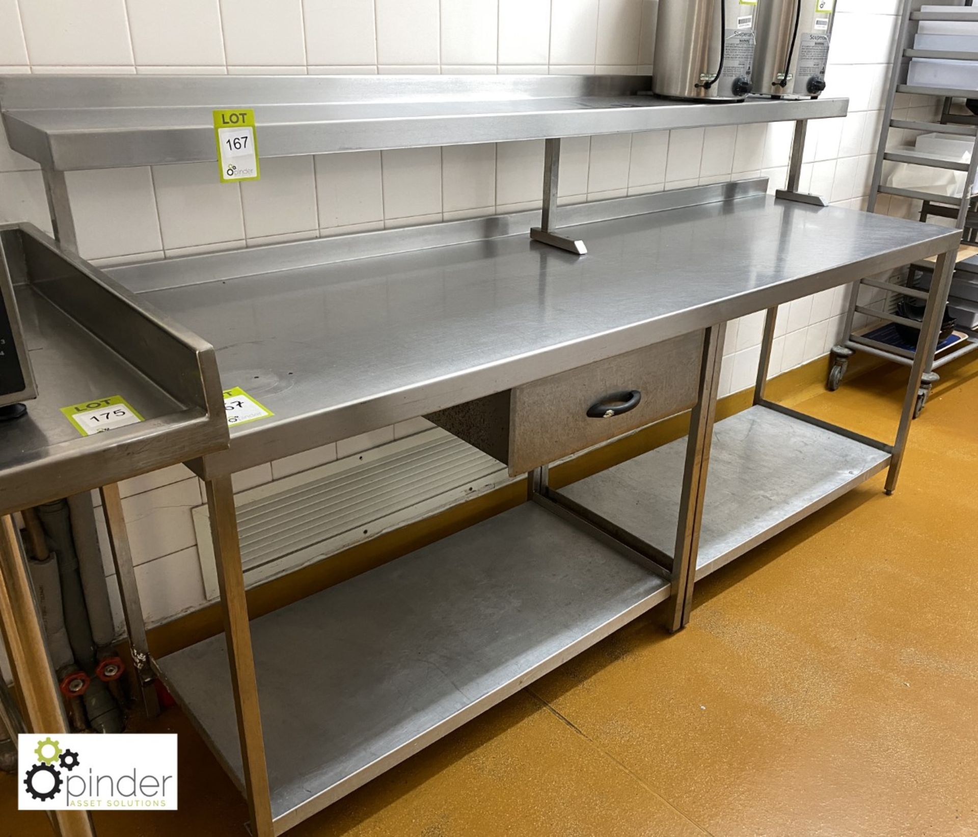 Stainless steel Preparation Table, 2100mm x 640mm, with drawer, undershelf and overshelf (located in