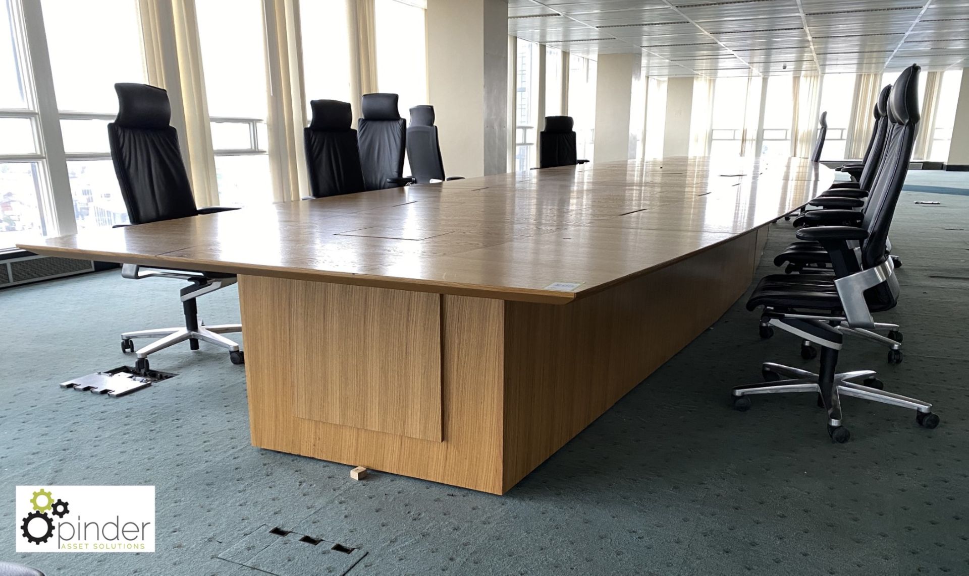 Oak and walnut boat shaped Boardroom Table, 16 comms/power ports, 10m x 2520mm (located in 24th - Image 8 of 17