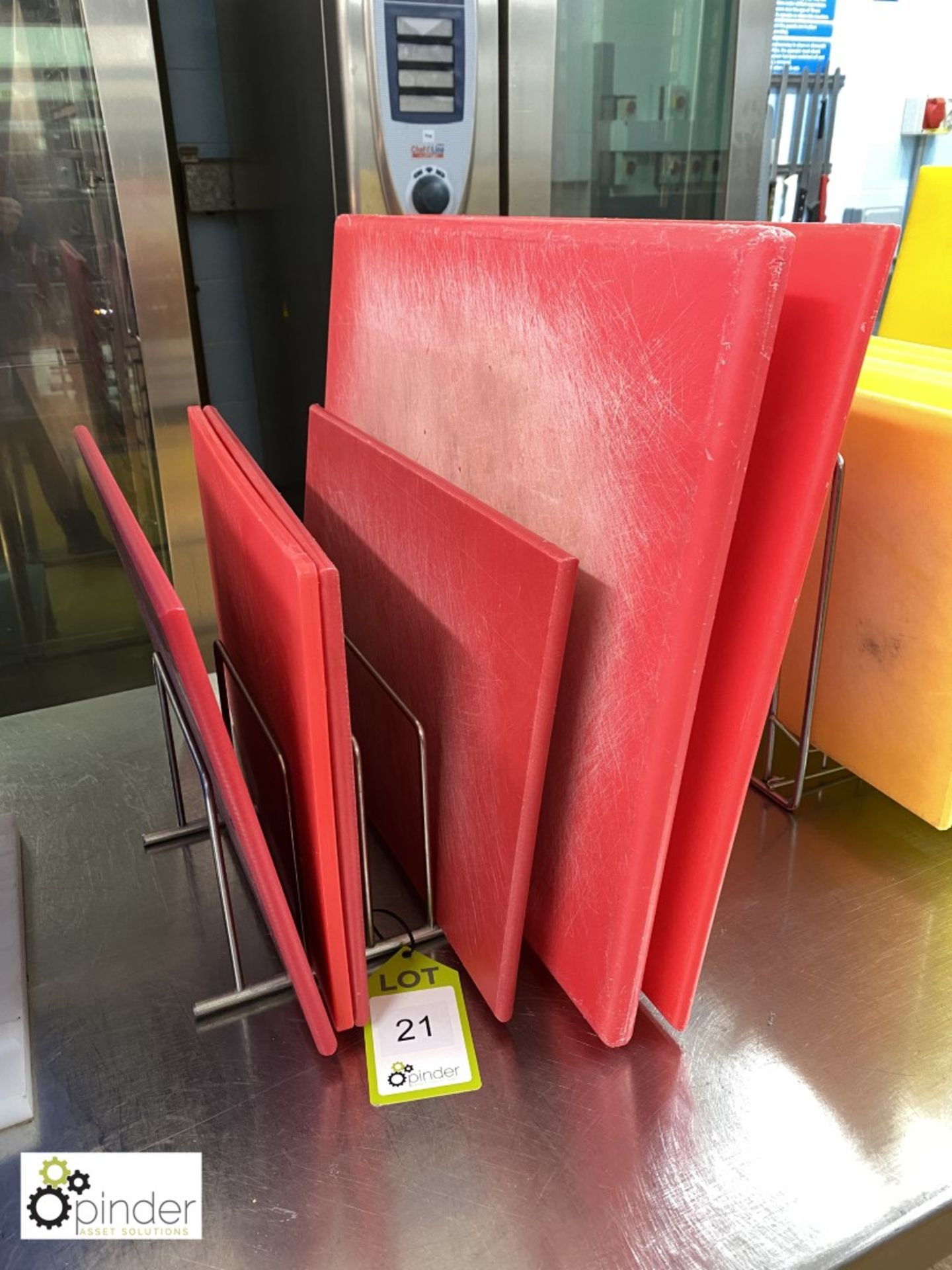 6 various nylon Cutting Boards and Rack, red (located in Main Kitchen)