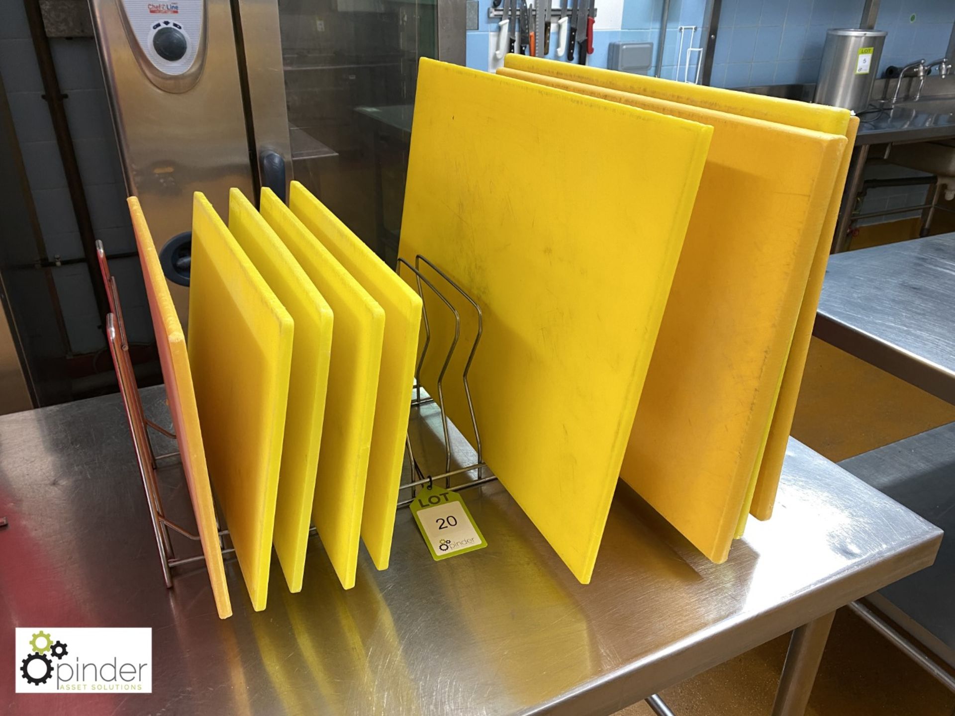 9 various nylon Cutting Boards and Rack, yellow (located in Main Kitchen)