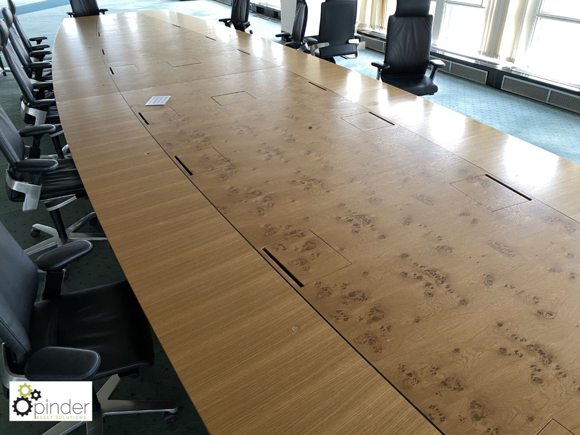 Oak and walnut boat shaped Boardroom Table, 16 comms/power ports, 10m x 2520mm (located in 24th - Image 7 of 17
