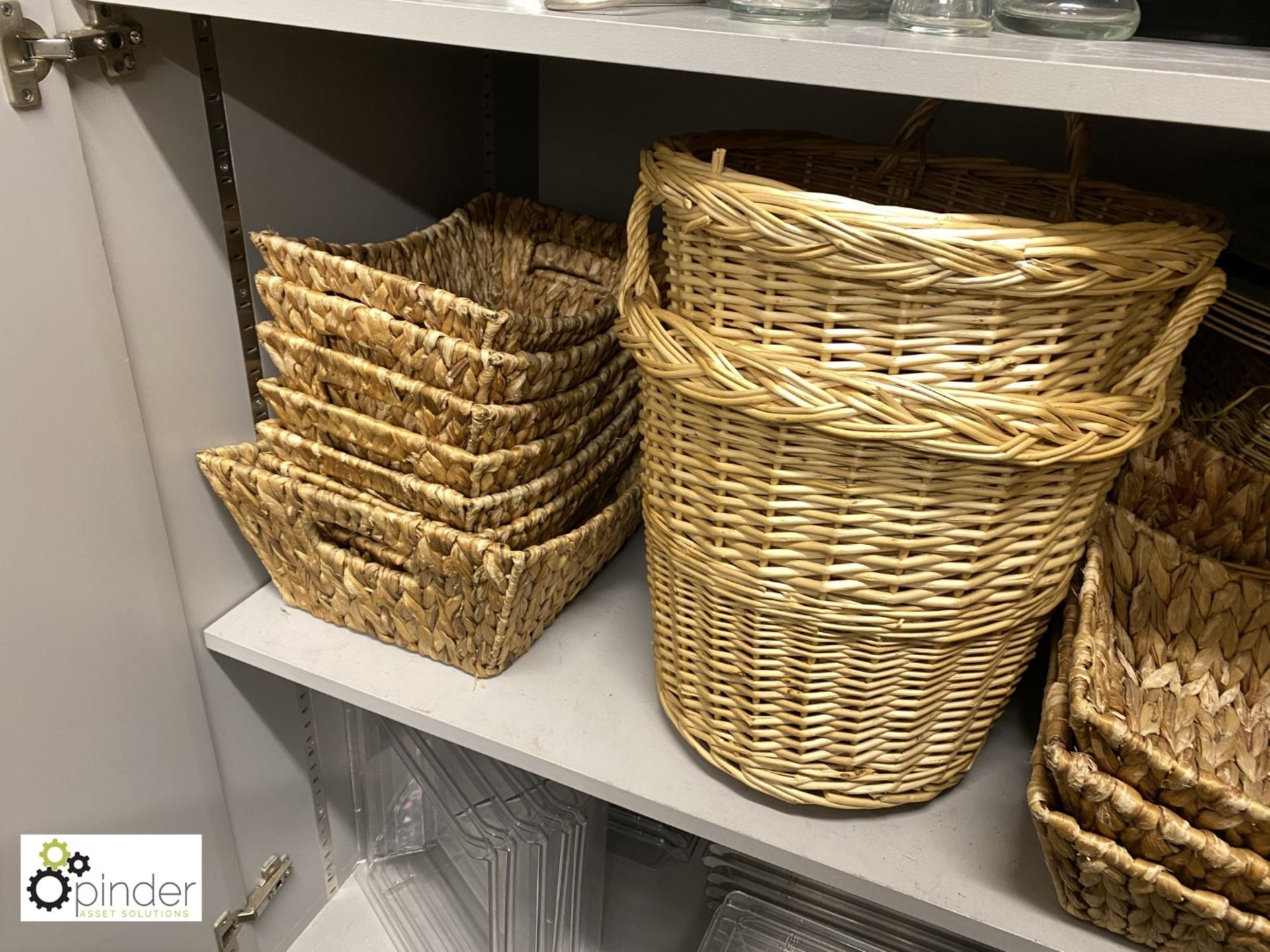 Quantity Wicker Baskets, Bowls, Vases, Plastic Trays, Megaphone, etc, to cabinet (located in Store - Image 6 of 8