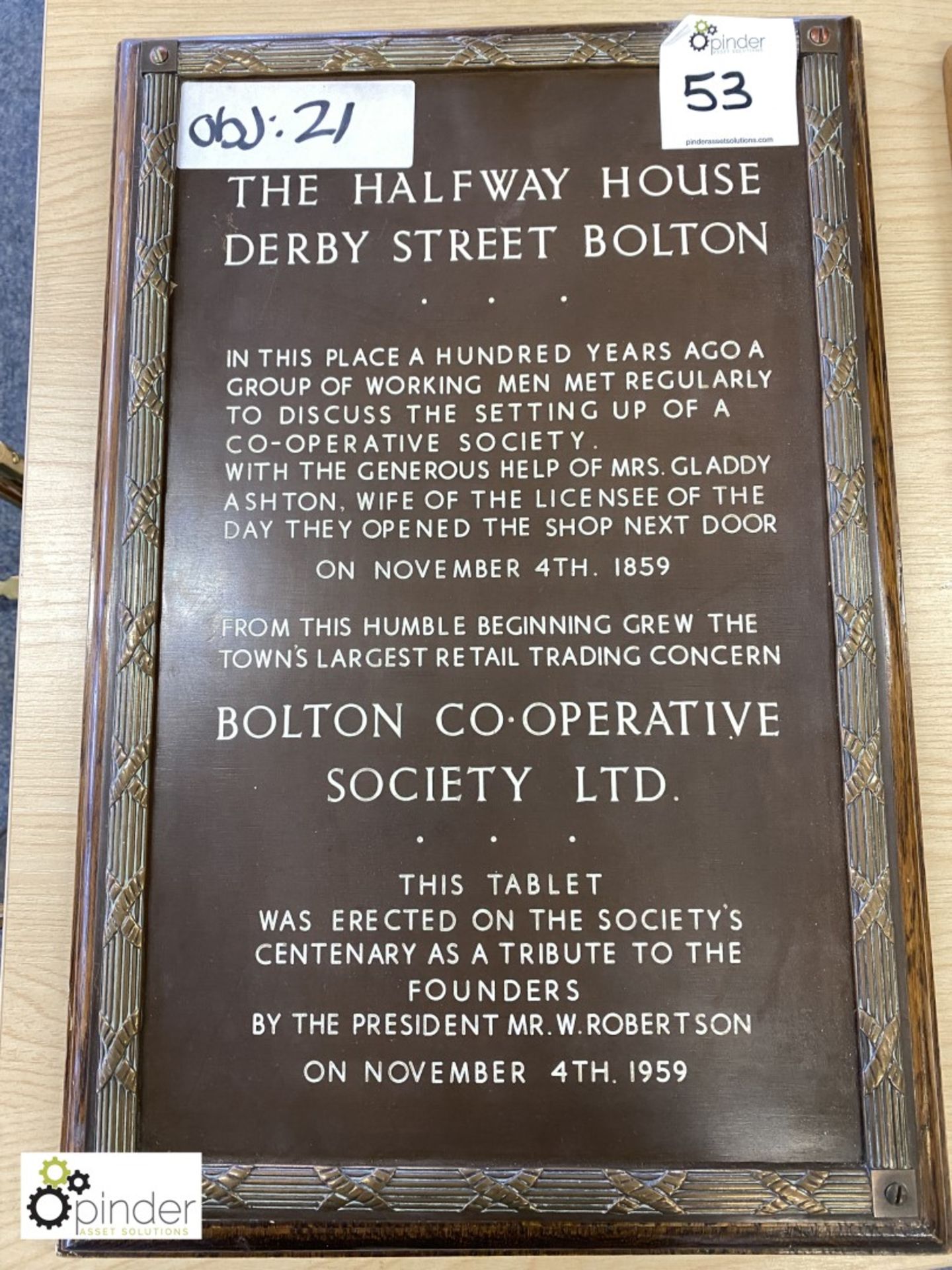 Oak framed Commemorative Plaque “The Halfway House, Derby Street, Bolton”