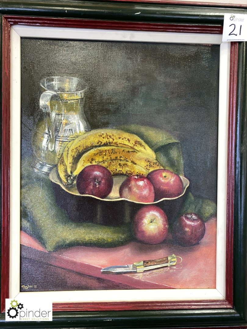 Framed Oil on Canvas “Pewter, Fruit and Knife” by Derek Alfred Taylor, 550mm x 660mm - Image 2 of 5