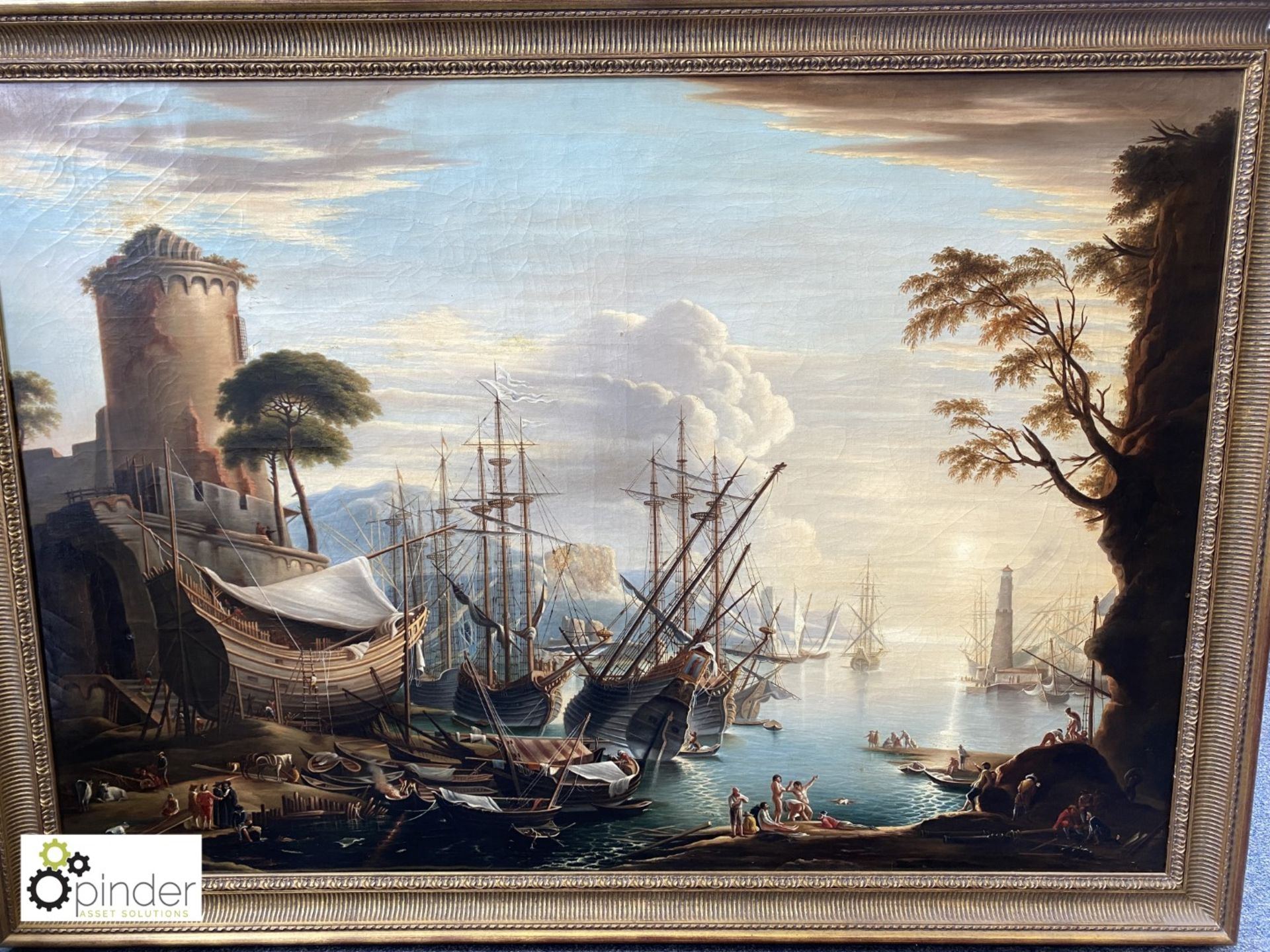 Oil on Canvas “Ships In Dock”, with guilt frame, signed Claude, painted in the style of Claude - Image 2 of 9