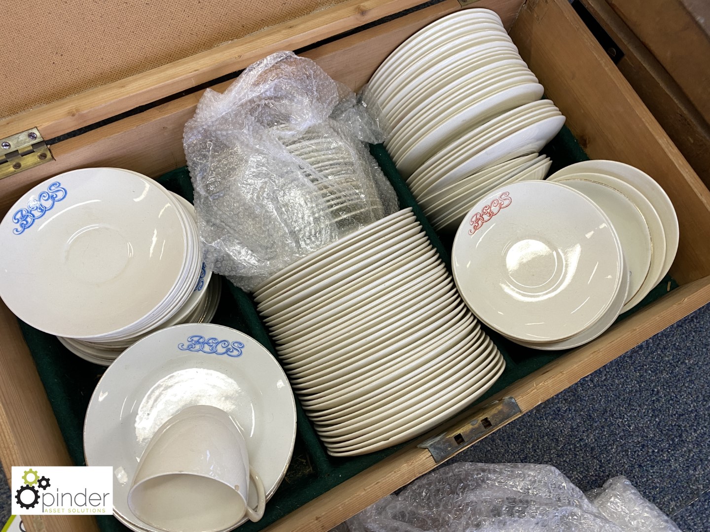 Quantity Side Plates and Saucers, Cups, BECS by Crown Clarence including 2 wooden chests