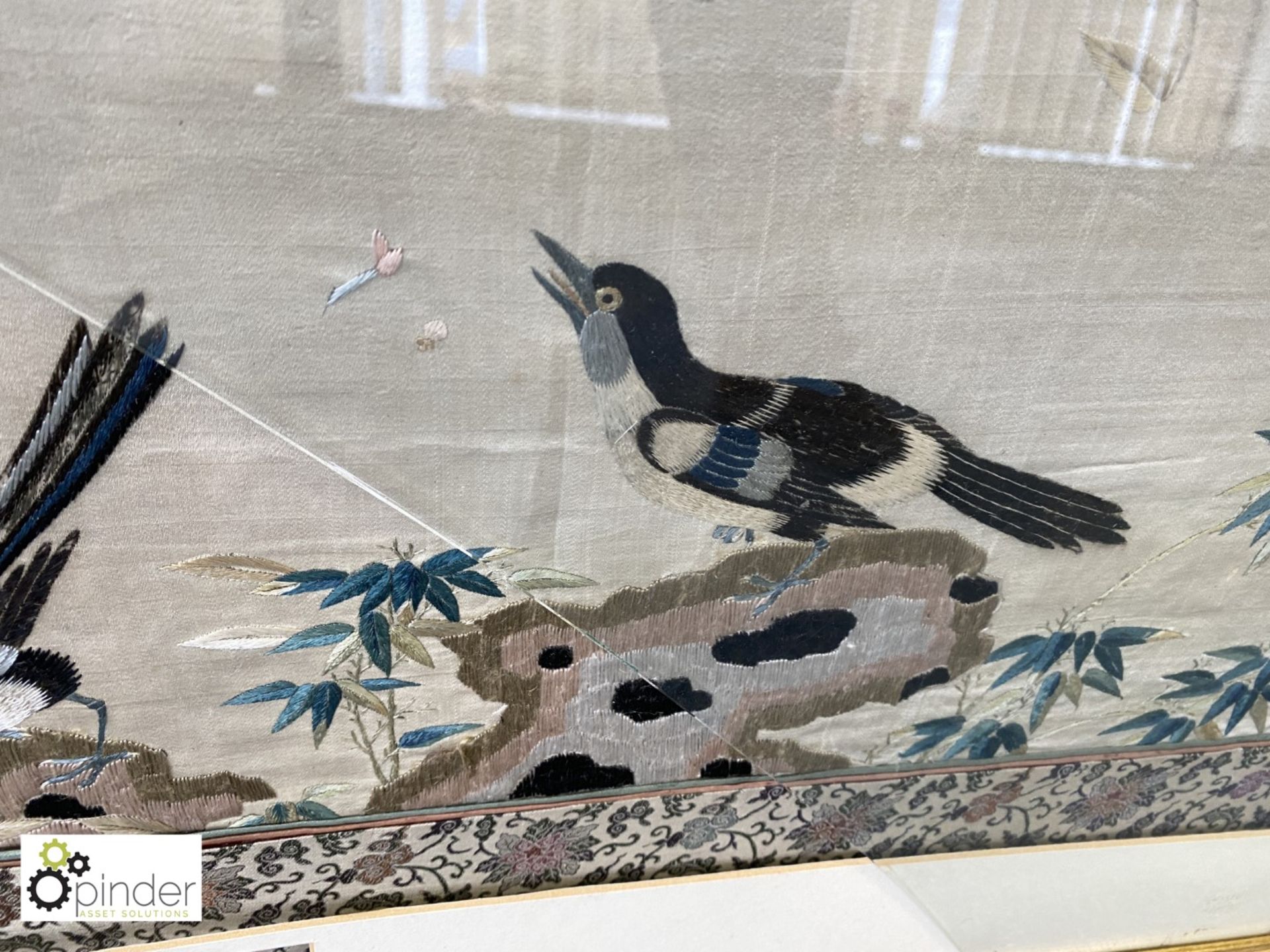 Framed and glazed Chinese Tapestry “Magpie and Flowers”, made in the Reign of Emperor Chien Lung ( - Image 7 of 12