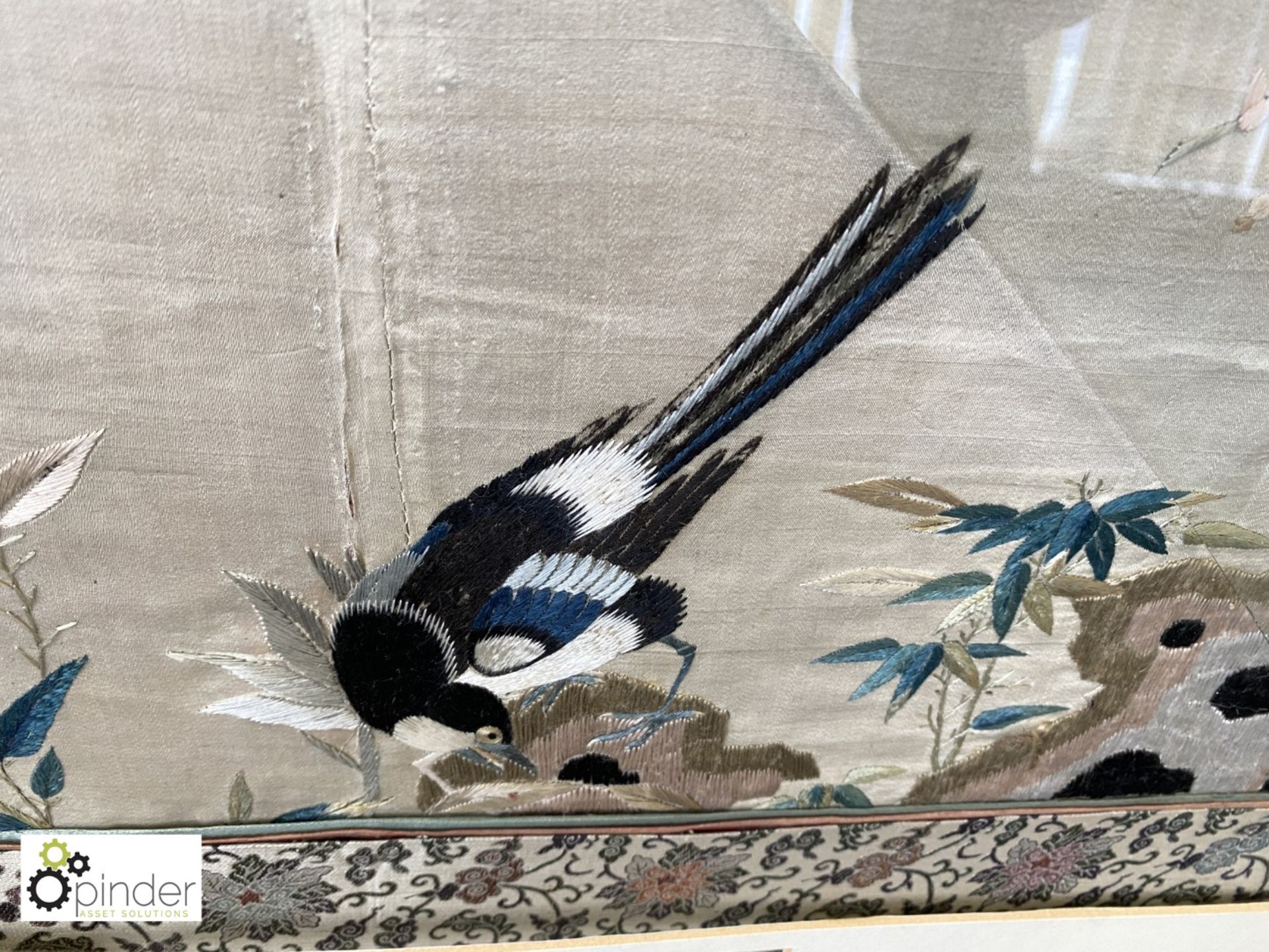 Framed and glazed Chinese Tapestry “Magpie and Flowers”, made in the Reign of Emperor Chien Lung ( - Image 8 of 12