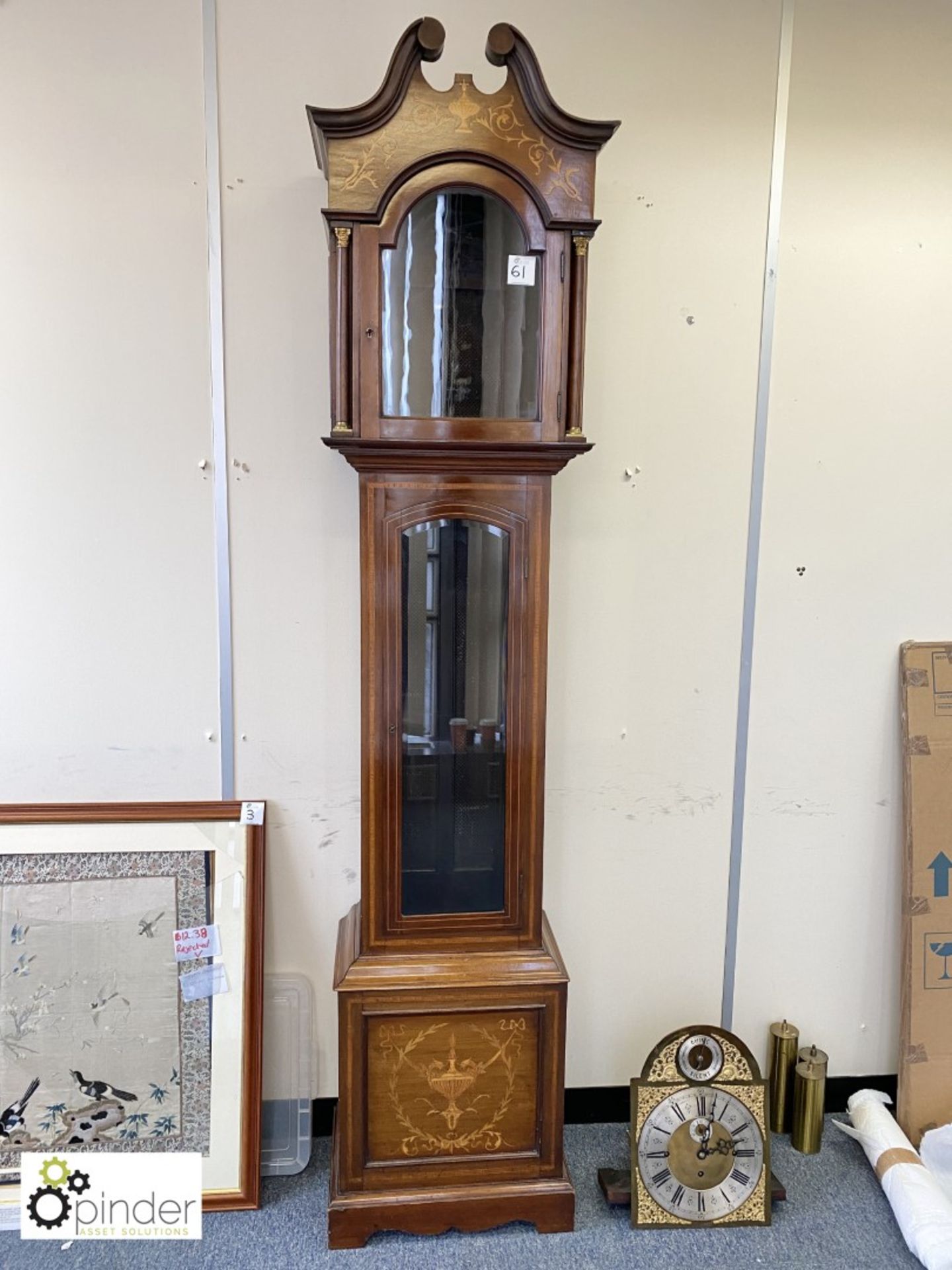 Mahogany inlaid long case Clock, with face, weights, etc, 490mm wide x 320mm deep x 2380mm tall