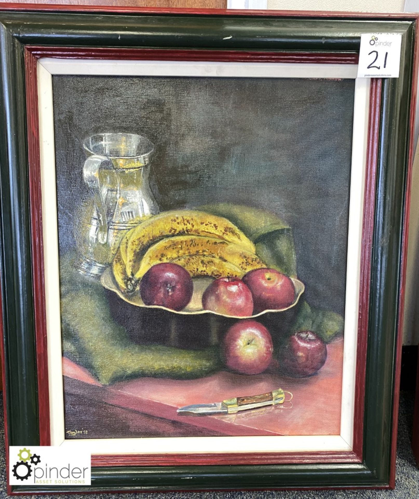 Framed Oil on Canvas “Pewter, Fruit and Knife” by Derek Alfred Taylor, 550mm x 660mm
